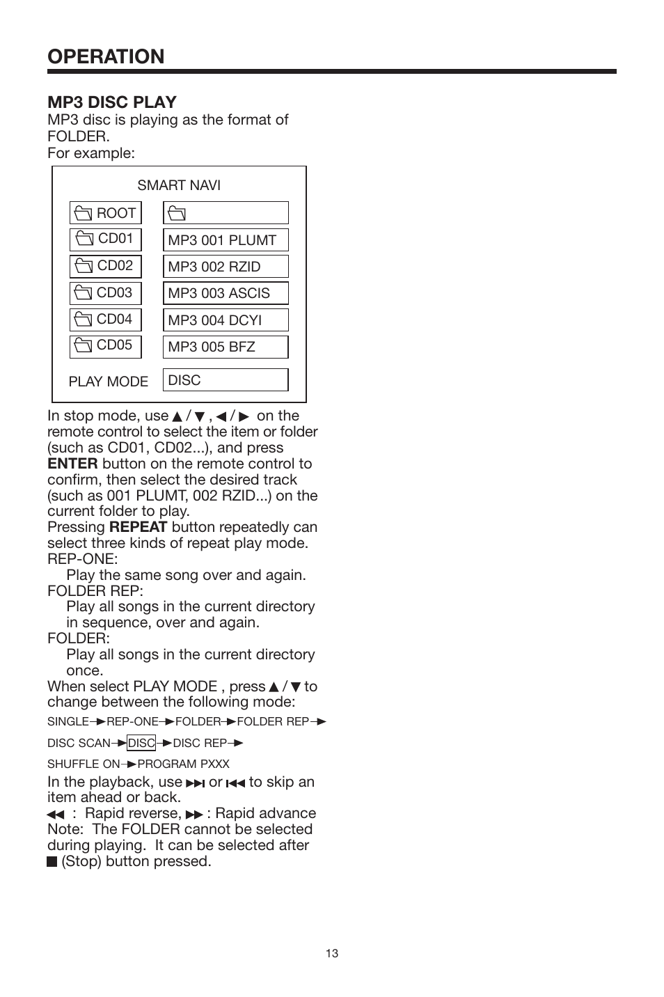 Operation, Mp3 disc play | Rosen Entertainment Systems 10.2 User Manual | Page 13 / 24