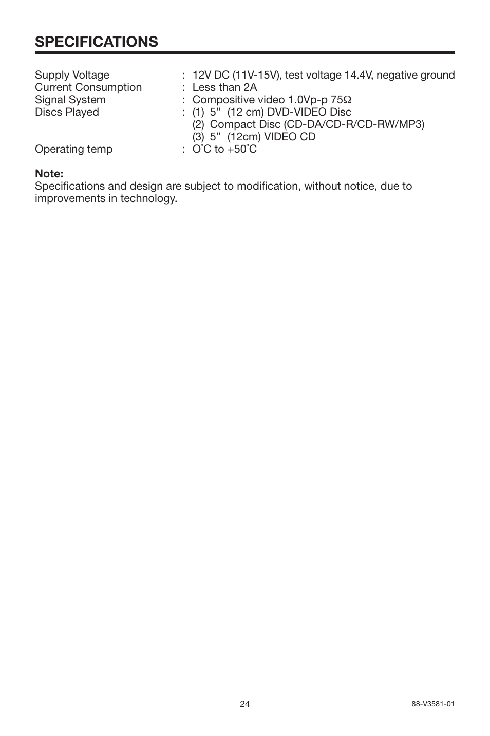 Specifications | Rosen Entertainment Systems 10.2 User Manual | Page 24 / 24