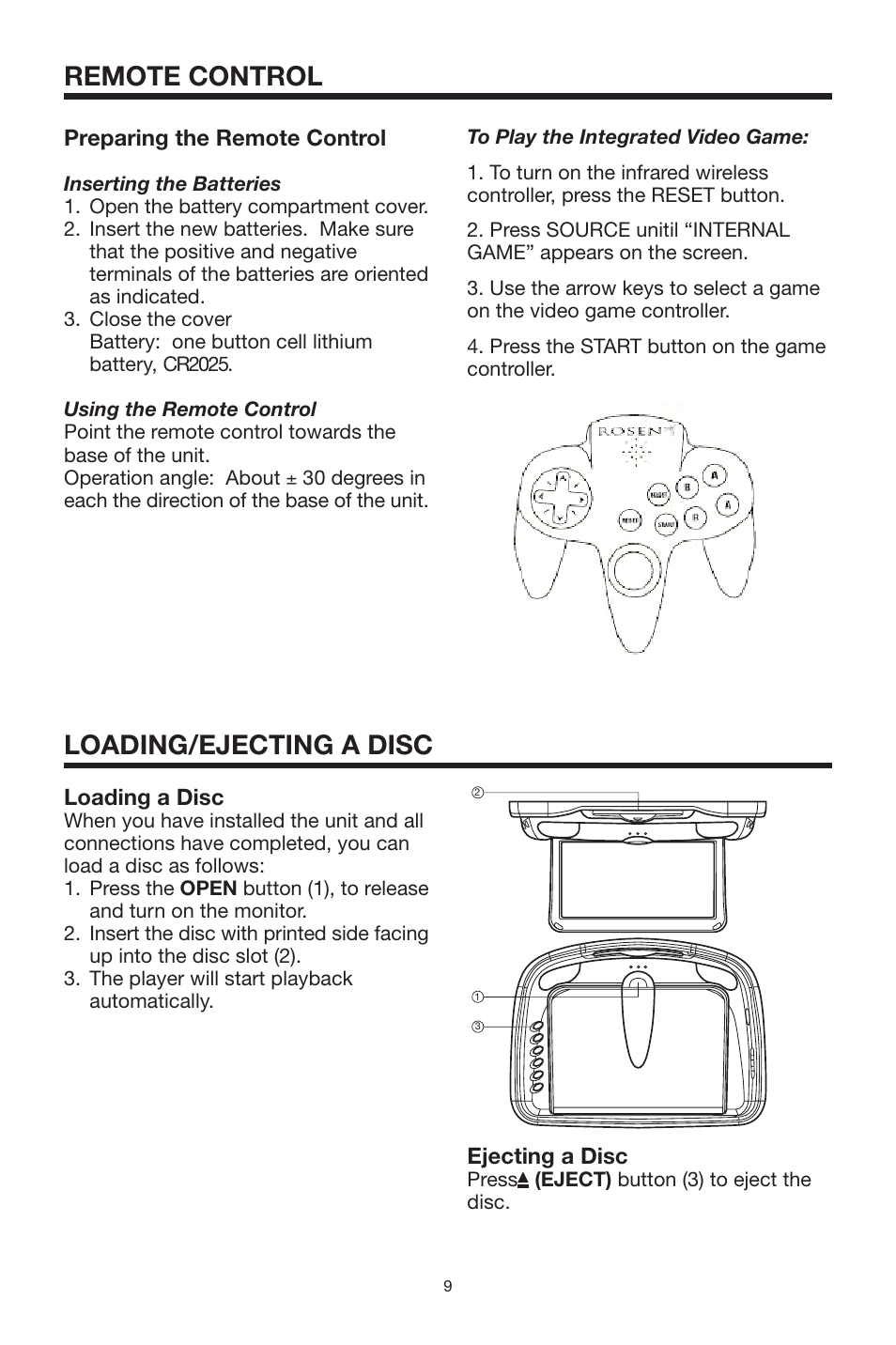 Remote control, Loading/ejecting a disc, Preparing the remote control | Ejecting a disc, Loading a disc | Rosen Entertainment Systems 10.2 User Manual | Page 9 / 24