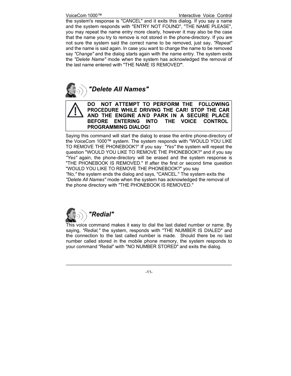 Delete all names, Redial | Rosen Entertainment Systems viocecom 1000 User Manual | Page 11 / 23