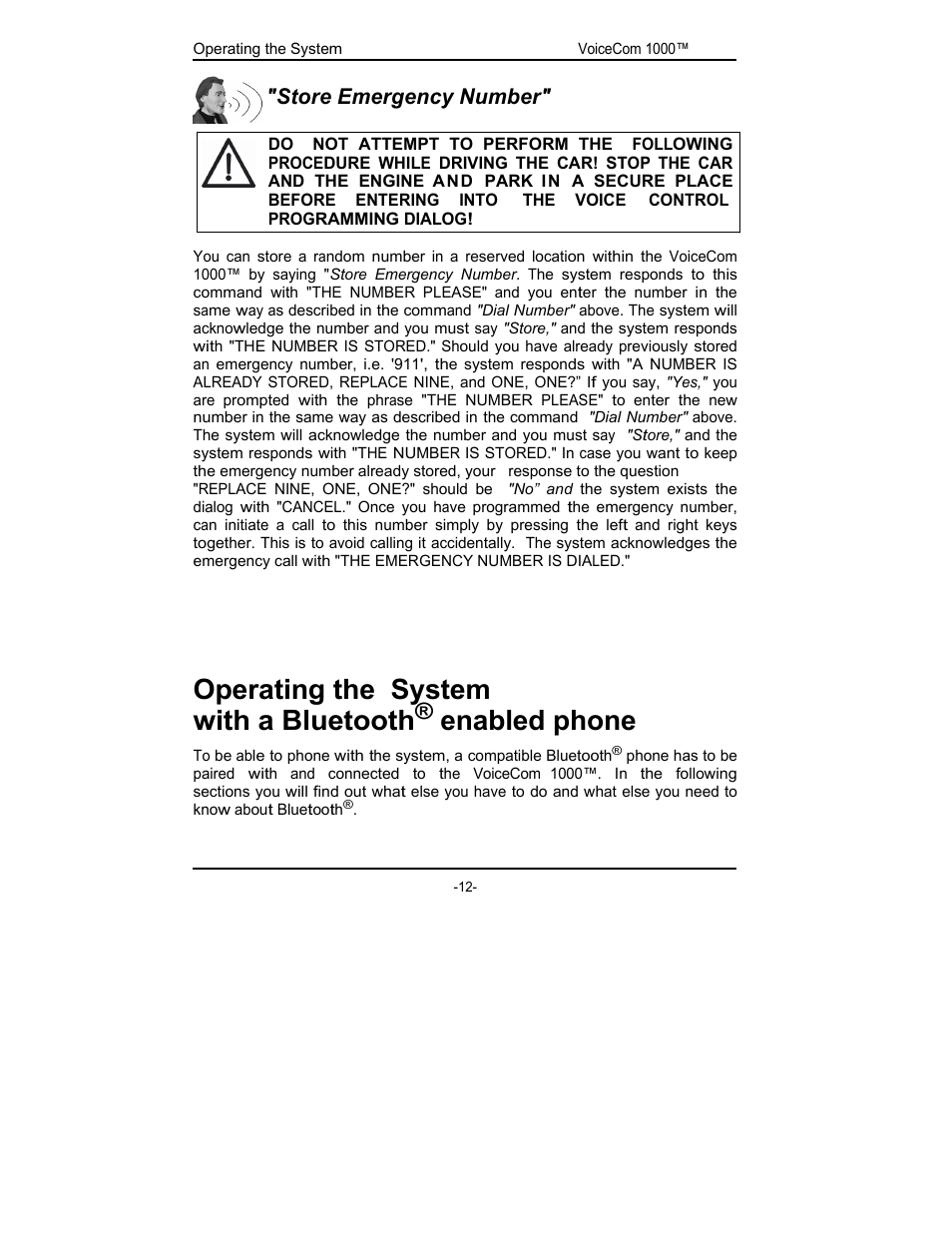 Operating the system with a bluetooth, Enabled phone, Store emergency number | Rosen Entertainment Systems viocecom 1000 User Manual | Page 12 / 23