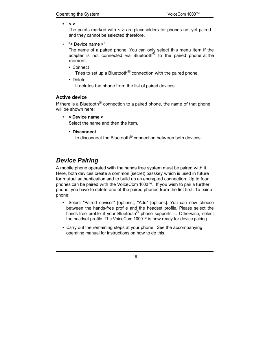 Device pairing | Rosen Entertainment Systems viocecom 1000 User Manual | Page 16 / 23