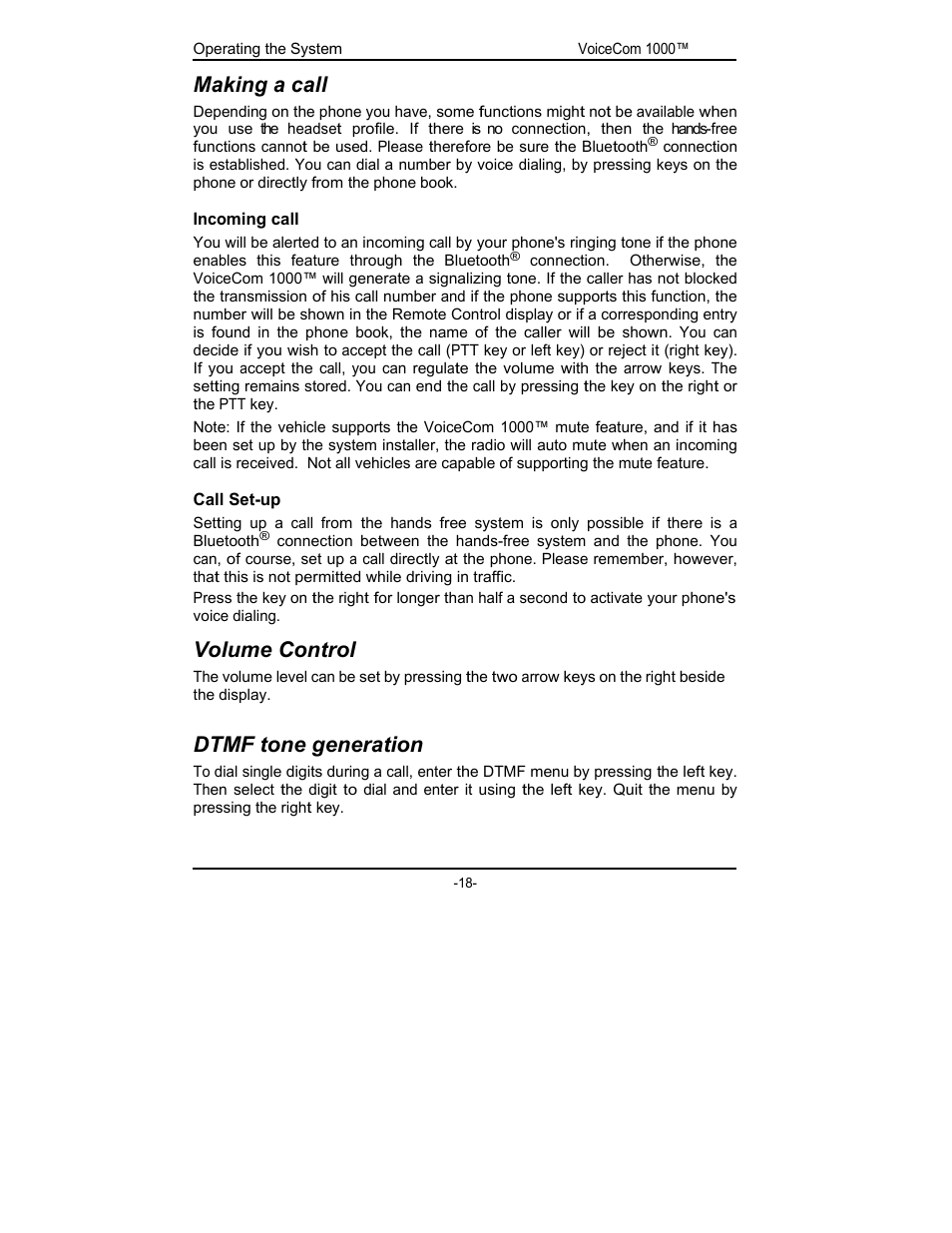 Making a call, Volume control, Dtmf tone generation | Rosen Entertainment Systems viocecom 1000 User Manual | Page 18 / 23