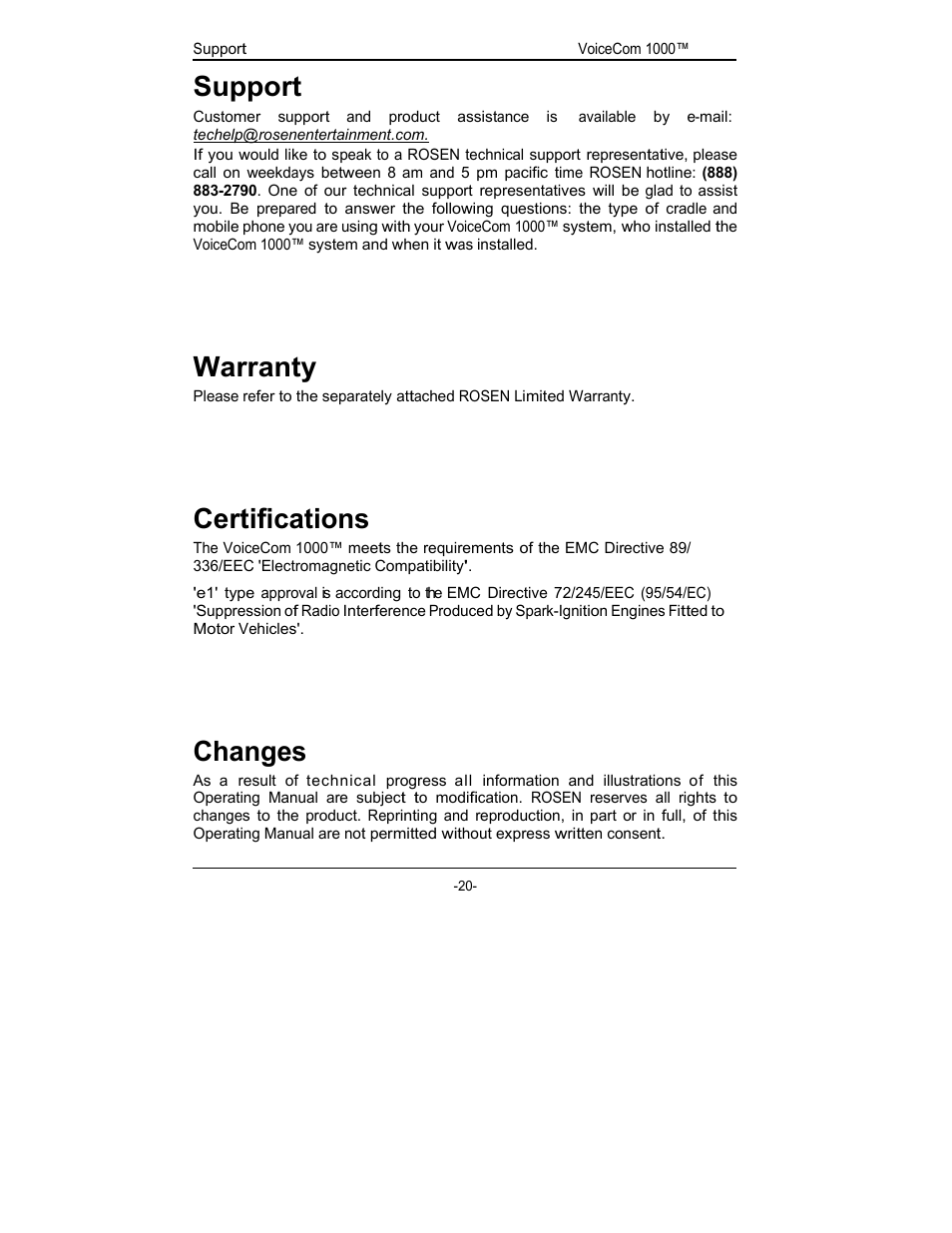 Support, Warranty, Certifications | Changes | Rosen Entertainment Systems viocecom 1000 User Manual | Page 20 / 23