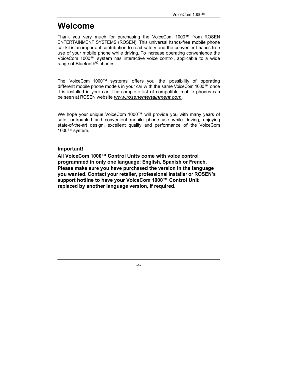 Welcome | Rosen Entertainment Systems viocecom 1000 User Manual | Page 4 / 23