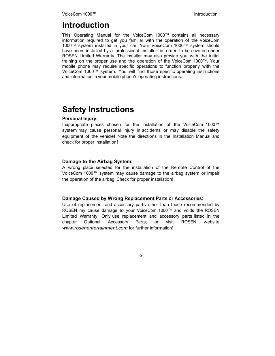 Introduction, Safety instructions | Rosen Entertainment Systems viocecom 1000 User Manual | Page 5 / 23