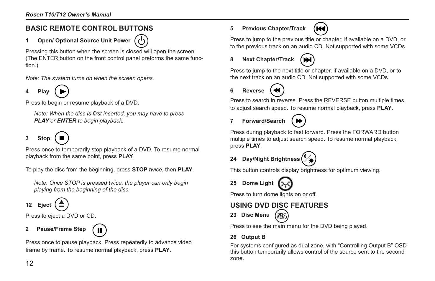 Using dvd disc features, Basic remote control buttons | Rosen Entertainment Systems T12 User Manual | Page 10 / 26