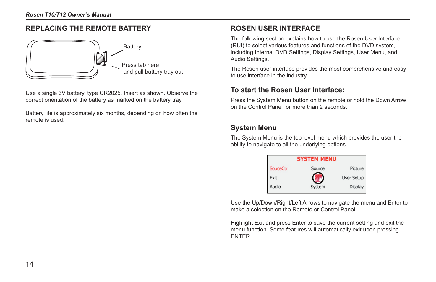 Replacing the remote battery, Rosen user interface, System menu | Rosen Entertainment Systems T12 User Manual | Page 12 / 26