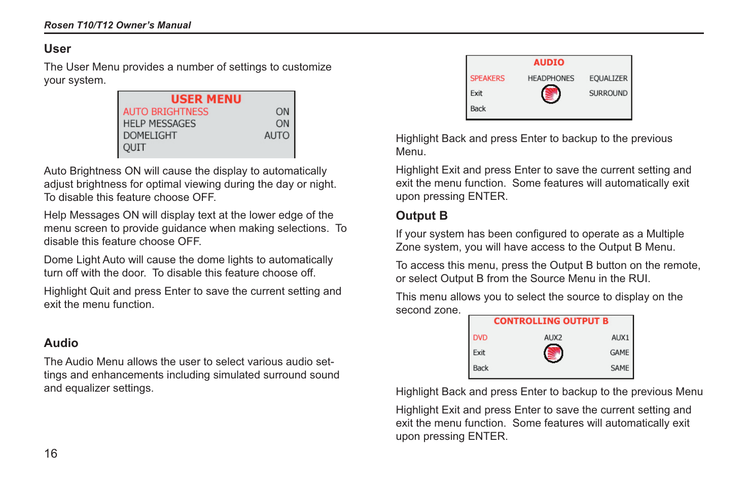 User, Audio, Output b | Rosen Entertainment Systems T12 User Manual | Page 14 / 26