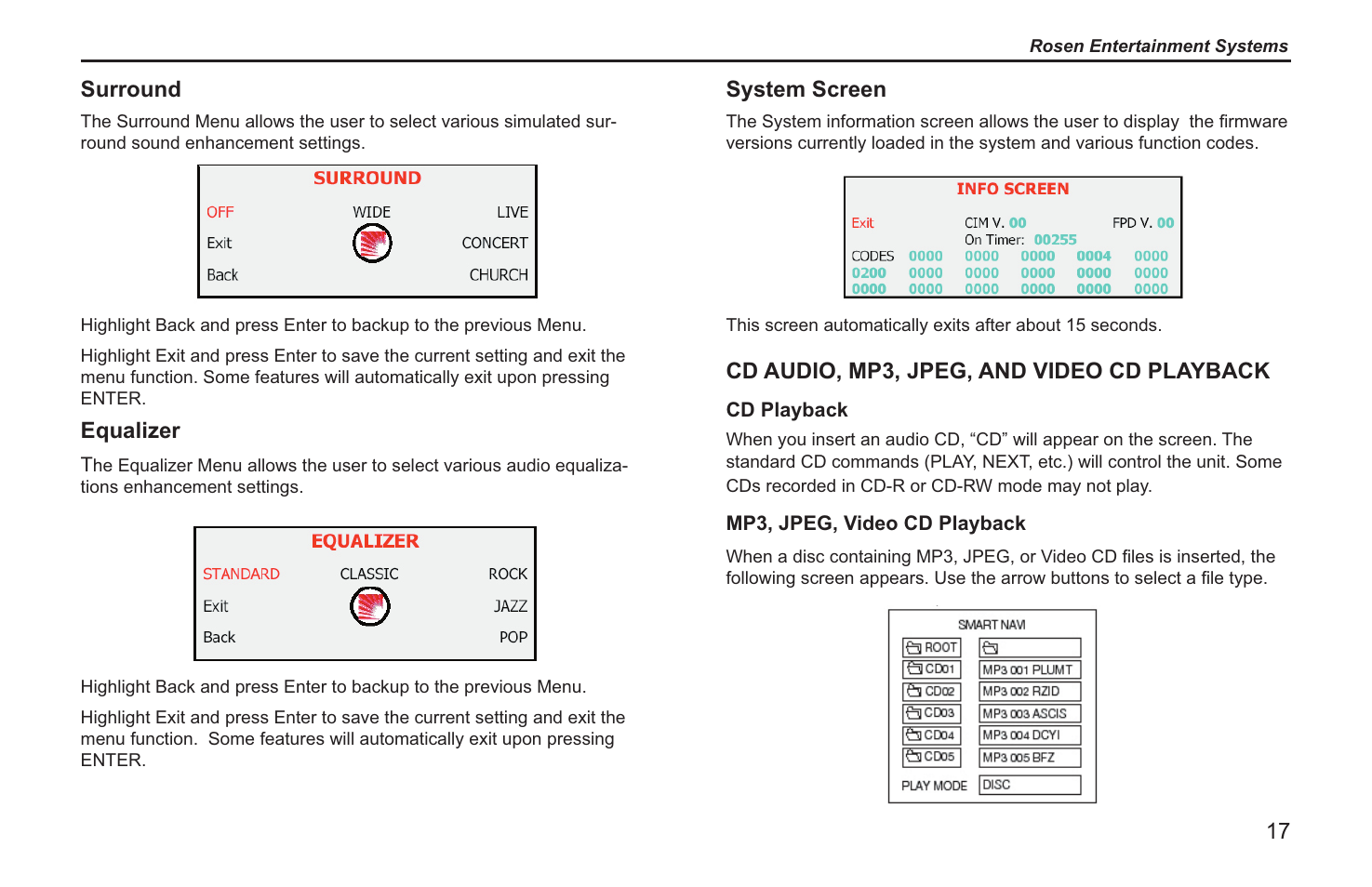 System screen, Cd audio, mp3, jpeg, and video cd playback, Surround | Equalizer | Rosen Entertainment Systems T12 User Manual | Page 15 / 26