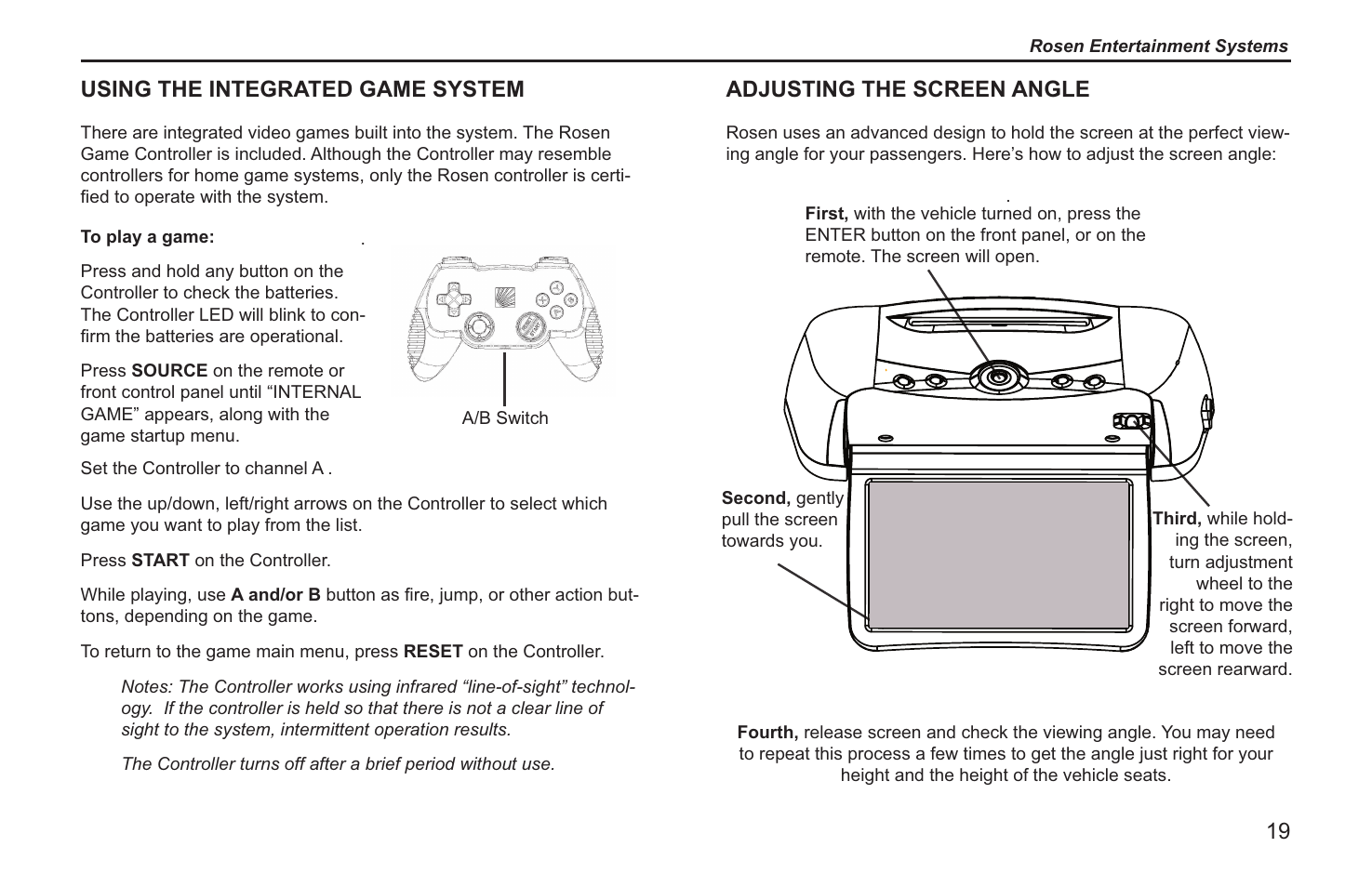 Adjusting the screen angle, Using the integrated game system | Rosen Entertainment Systems T12 User Manual | Page 17 / 26
