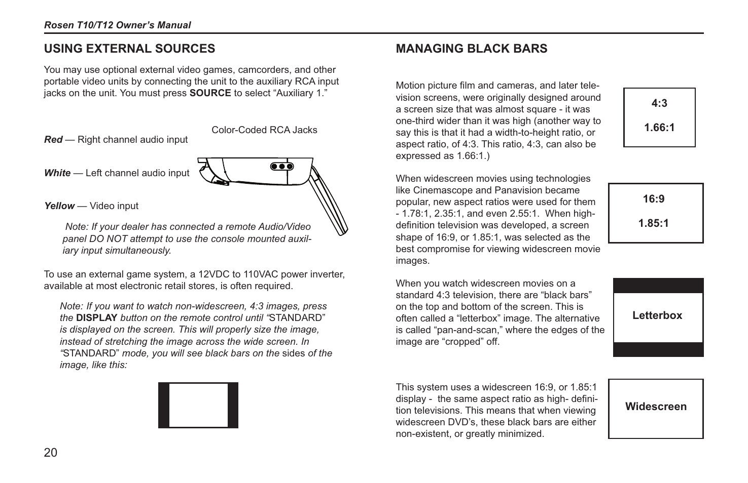 Using external sources, Managing black bars | Rosen Entertainment Systems T12 User Manual | Page 18 / 26