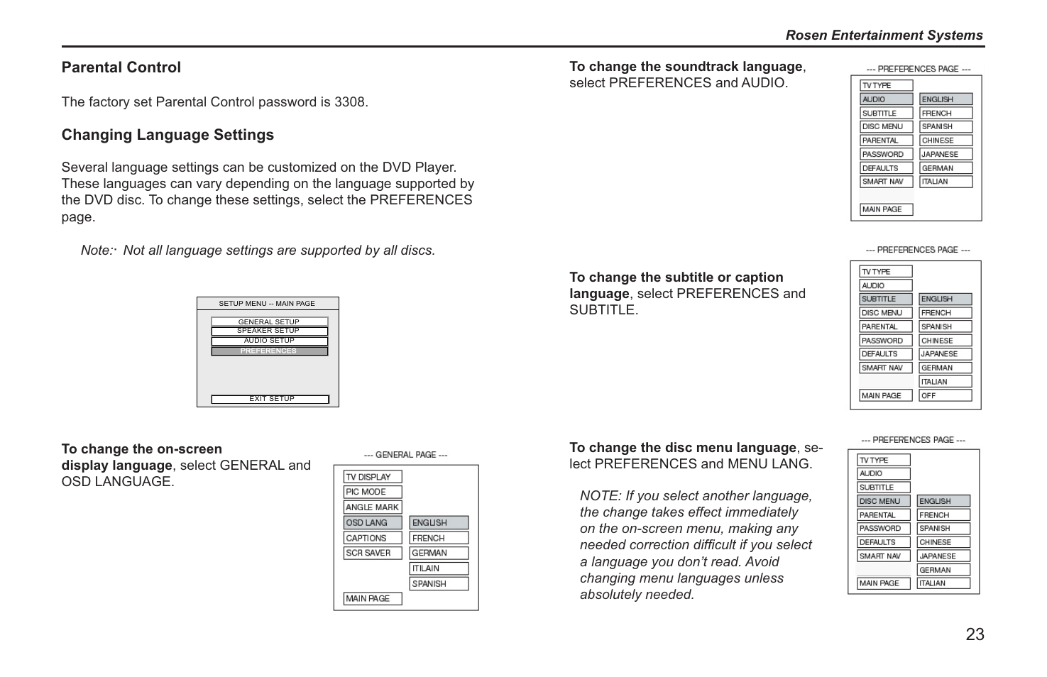 Parental control, Changing language settings | Rosen Entertainment Systems T12 User Manual | Page 21 / 26