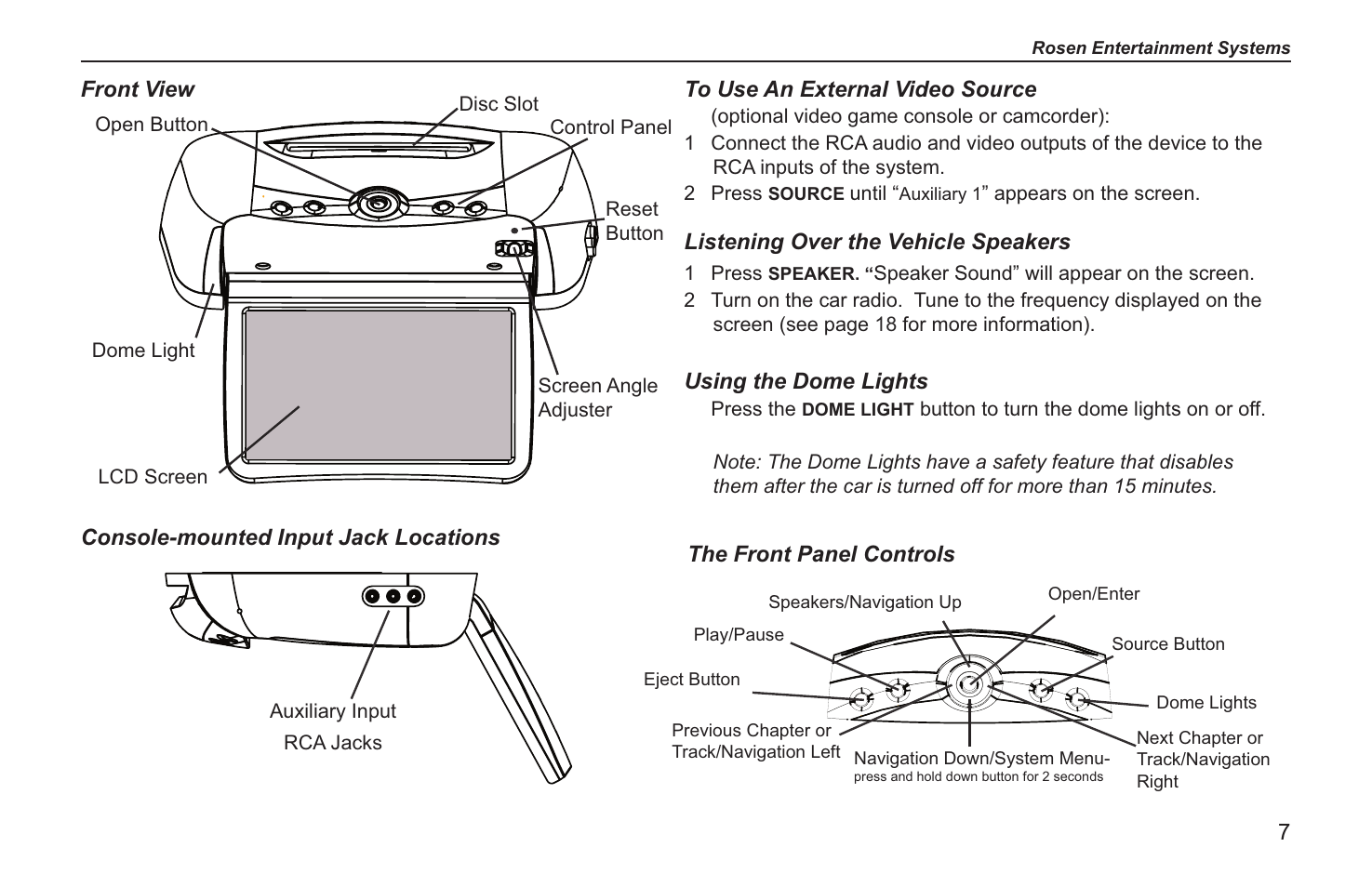 Listening over the vehicle speakers, Using the dome lights | Rosen Entertainment Systems T12 User Manual | Page 5 / 26