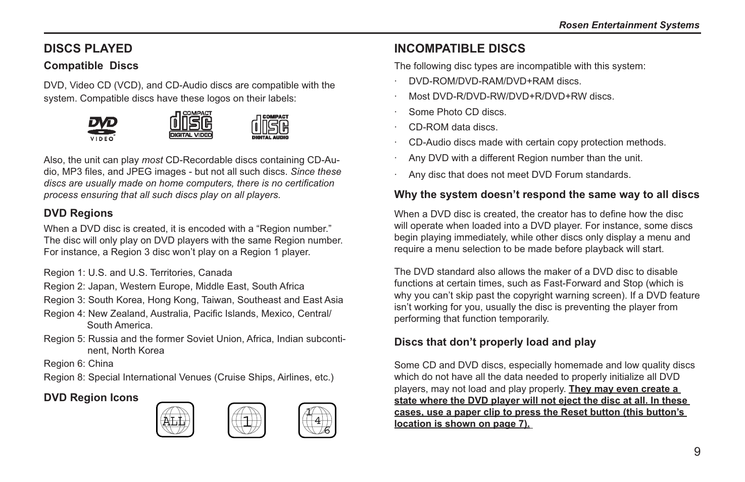 Discs played, Incompatible discs | Rosen Entertainment Systems T12 User Manual | Page 7 / 26