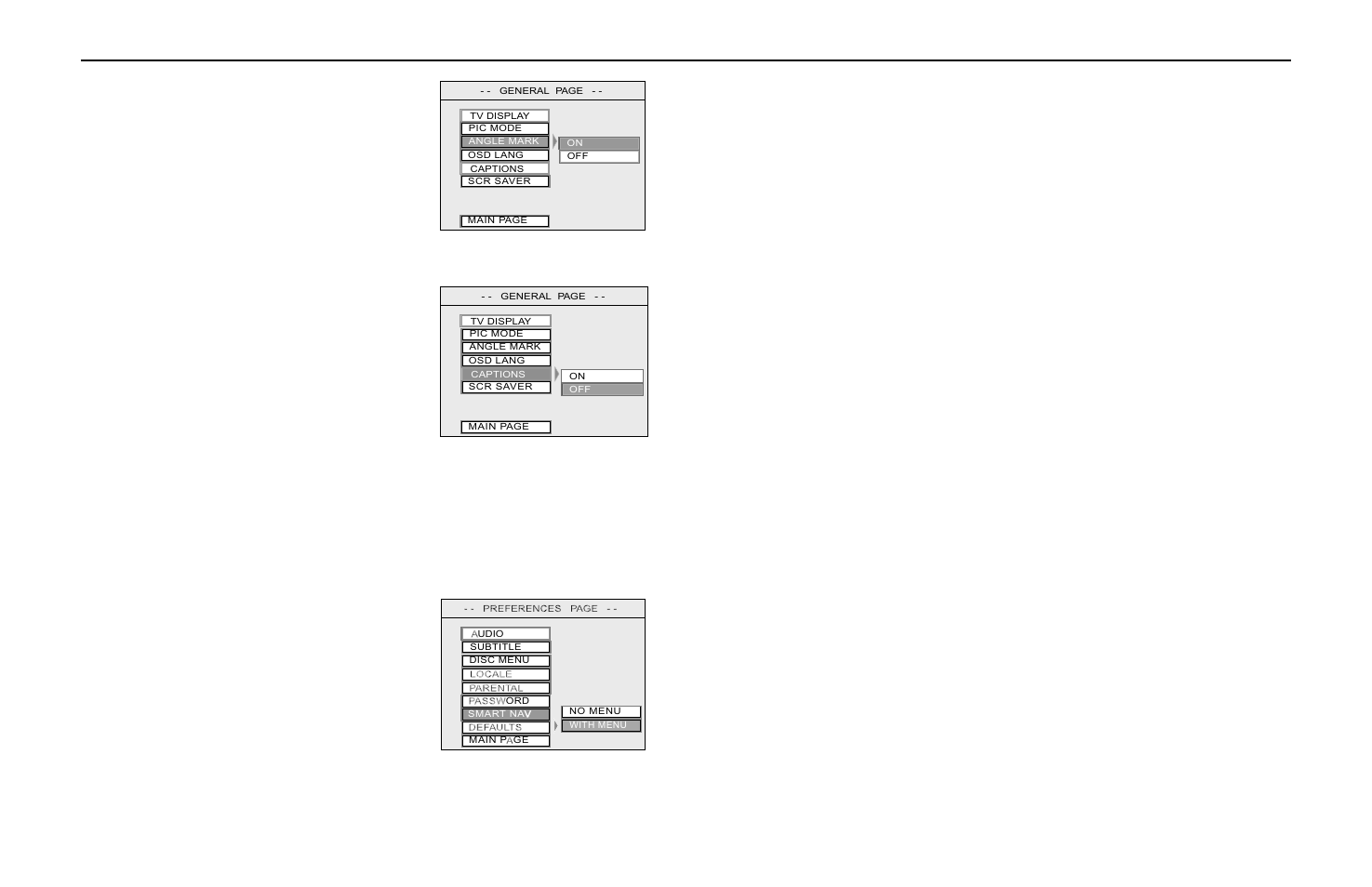 Dvd setup options list, Concealing the “angle mark, Activating captions and subtitles | Rosen Entertainment Systems AC3003 User Manual | Page 24 / 28