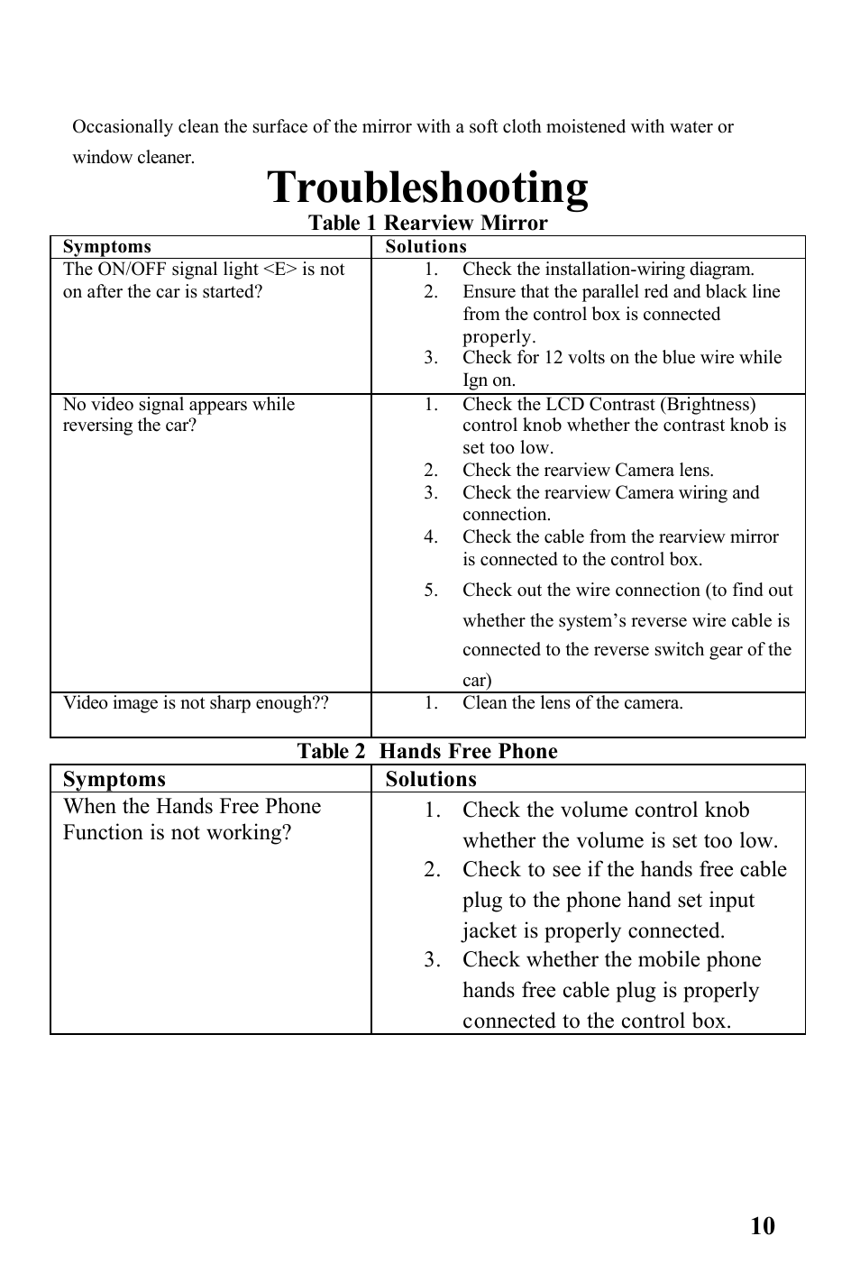 Troubleshooting | Rosen Entertainment Systems Rear Observation System Package RVMPKG1 User Manual | Page 10 / 12