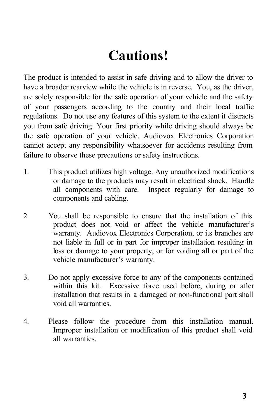 Cautions | Rosen Entertainment Systems Rear Observation System Package RVMPKG1 User Manual | Page 3 / 12