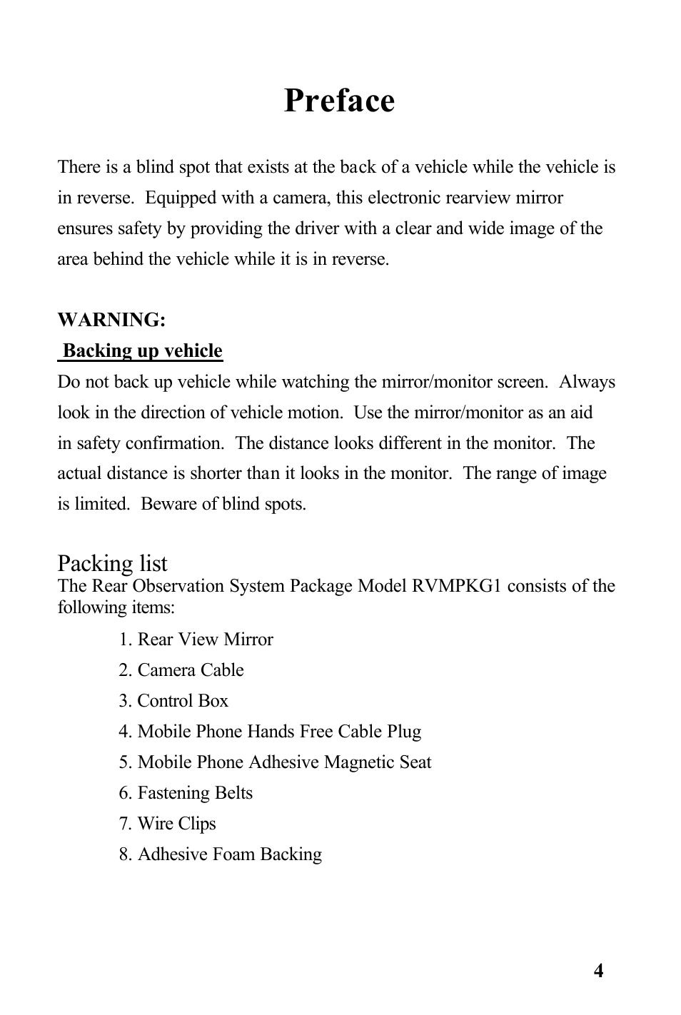 Preface, Packing list | Rosen Entertainment Systems Rear Observation System Package RVMPKG1 User Manual | Page 4 / 12
