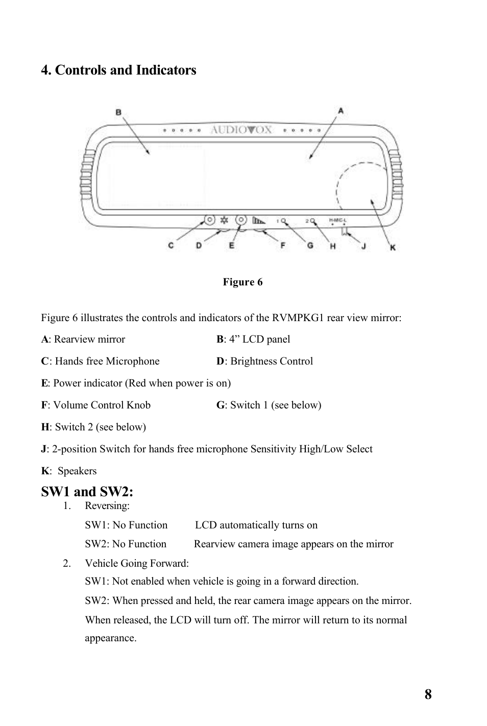 8 4. controls and indicators, Sw1 and sw2 | Rosen Entertainment Systems Rear Observation System Package RVMPKG1 User Manual | Page 8 / 12