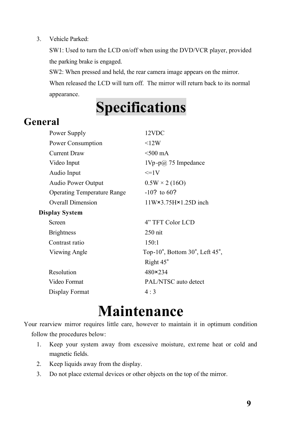 Specifications, Maintenance, General | Rosen Entertainment Systems Rear Observation System Package RVMPKG1 User Manual | Page 9 / 12