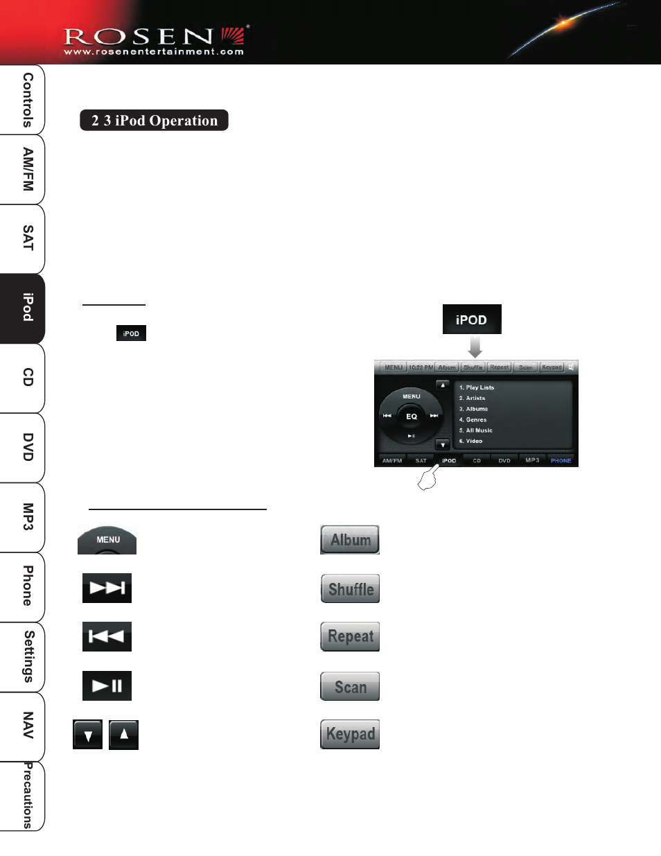 Ipod 1, 2 3 ipod operation | Rosen Entertainment Systems DP-1001 User Manual | Page 13 / 49