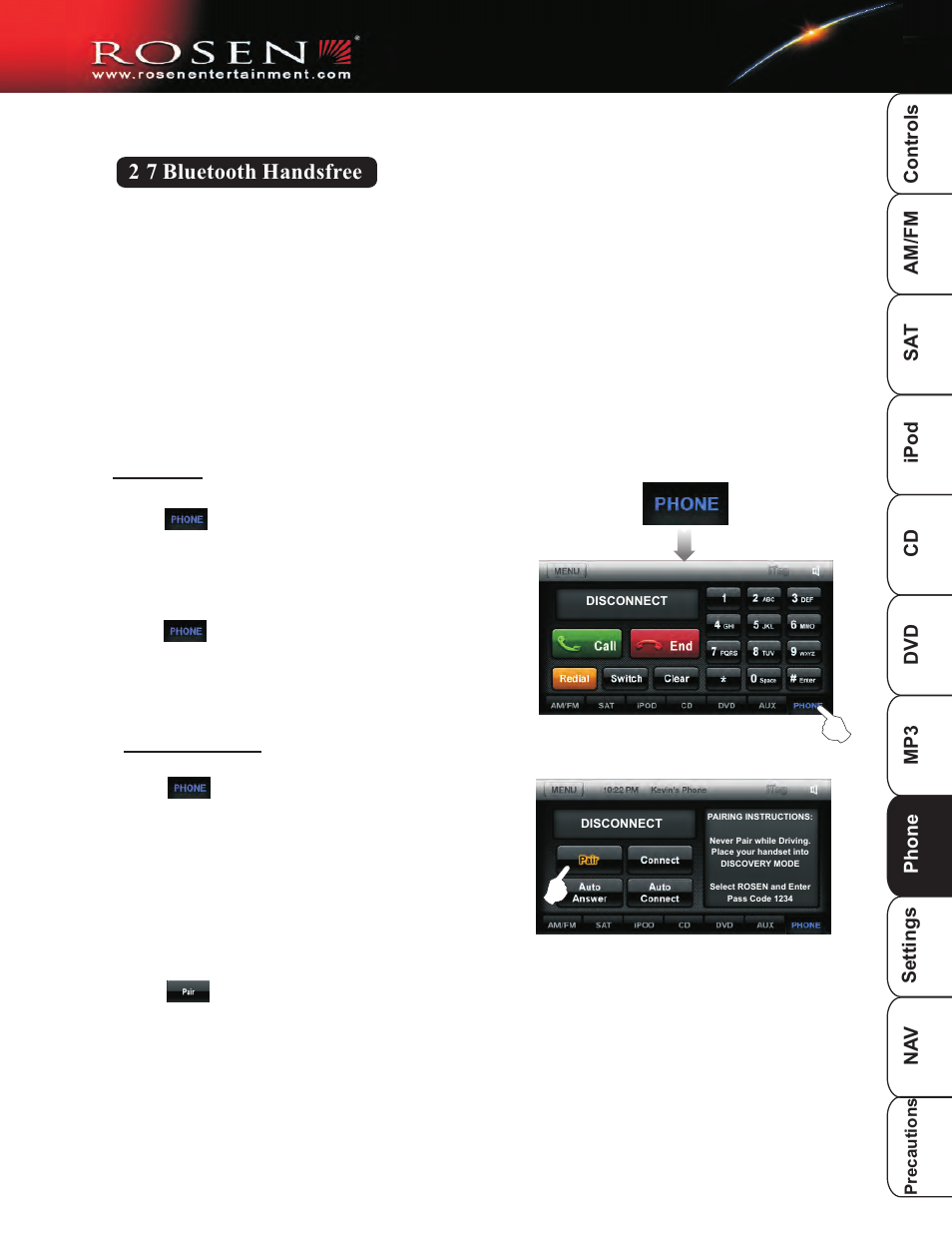 Bt 1, 2 7 bluetooth handsfree | Rosen Entertainment Systems DP-1001 User Manual | Page 24 / 49