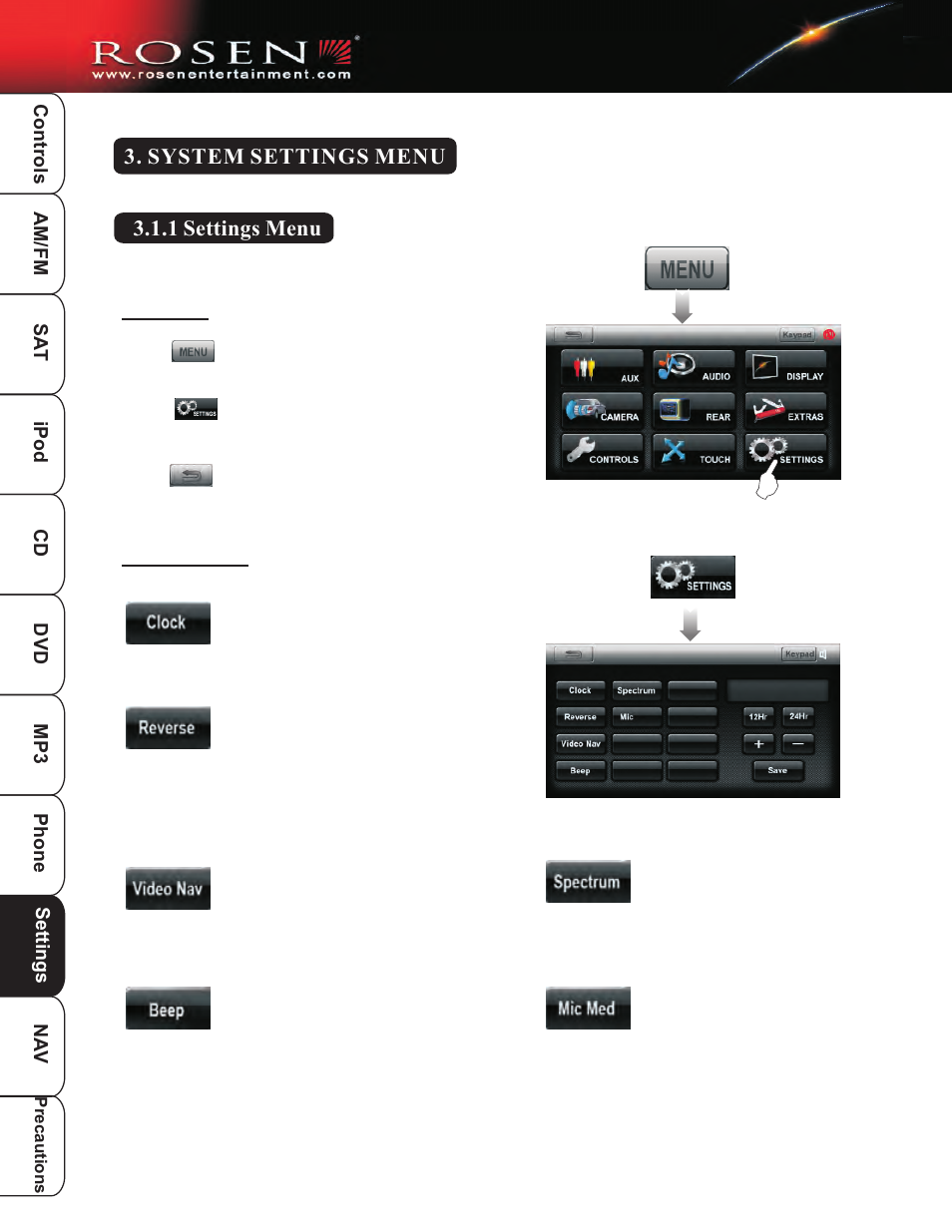 System setup 1, 1 settings menu, System settings menu | Rosen Entertainment Systems DP-1001 User Manual | Page 29 / 49