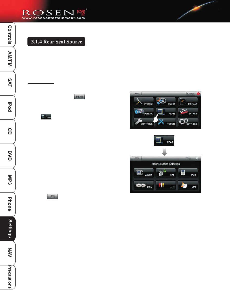 Rear zone, 4 rear seat source | Rosen Entertainment Systems DP-1001 User Manual | Page 33 / 49