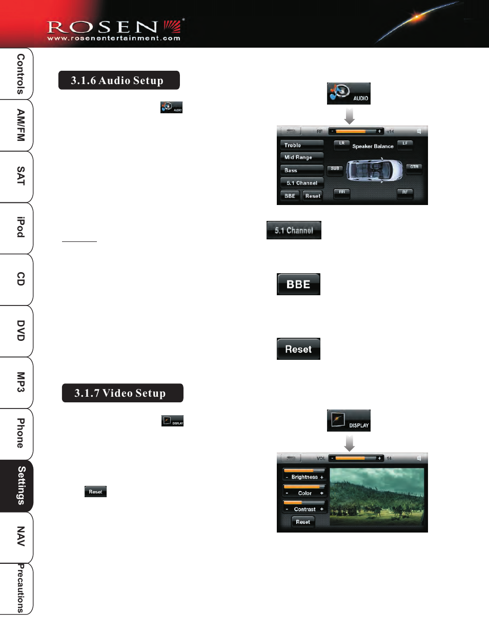 System setup 3, 6 audio setup 3.1.7 video setup | Rosen Entertainment Systems DP-1001 User Manual | Page 35 / 49