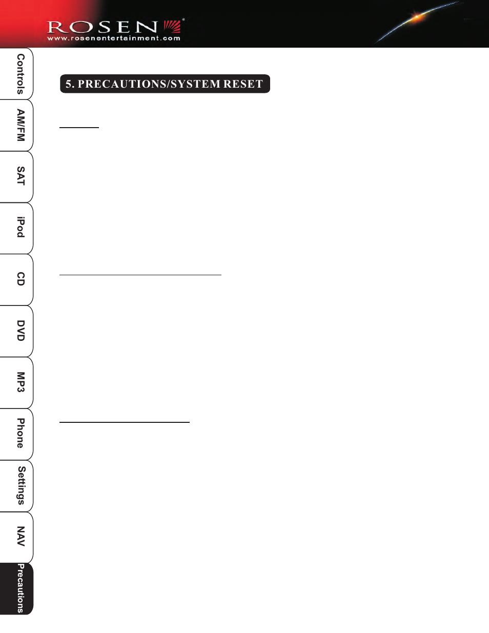 Precautions 1, Precautions/system reset | Rosen Entertainment Systems DP-1001 User Manual | Page 47 / 49