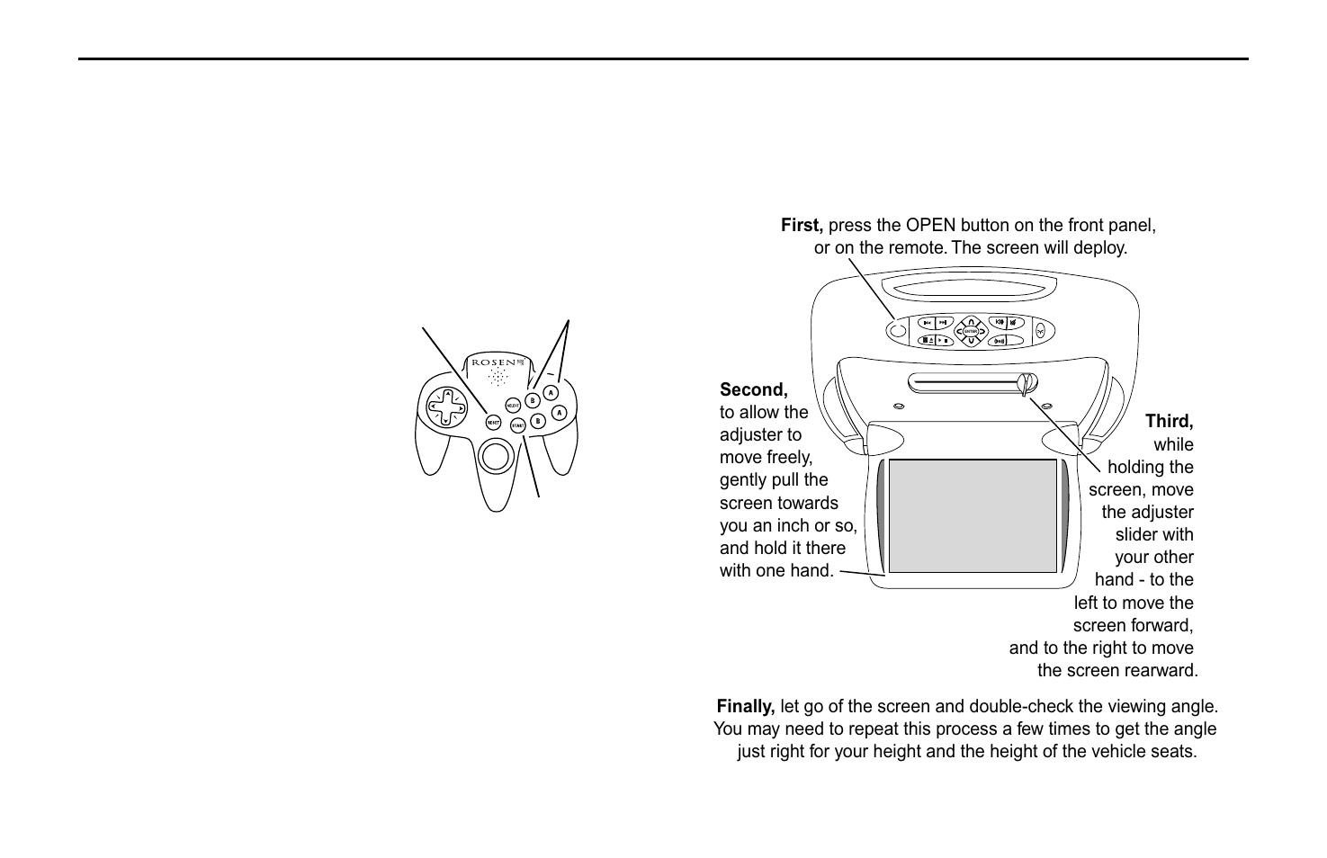 Reset start a and b, Using the integrated game system, Adjusting the screen angle | Rosen Entertainment Systems G10 User Manual | Page 18 / 28