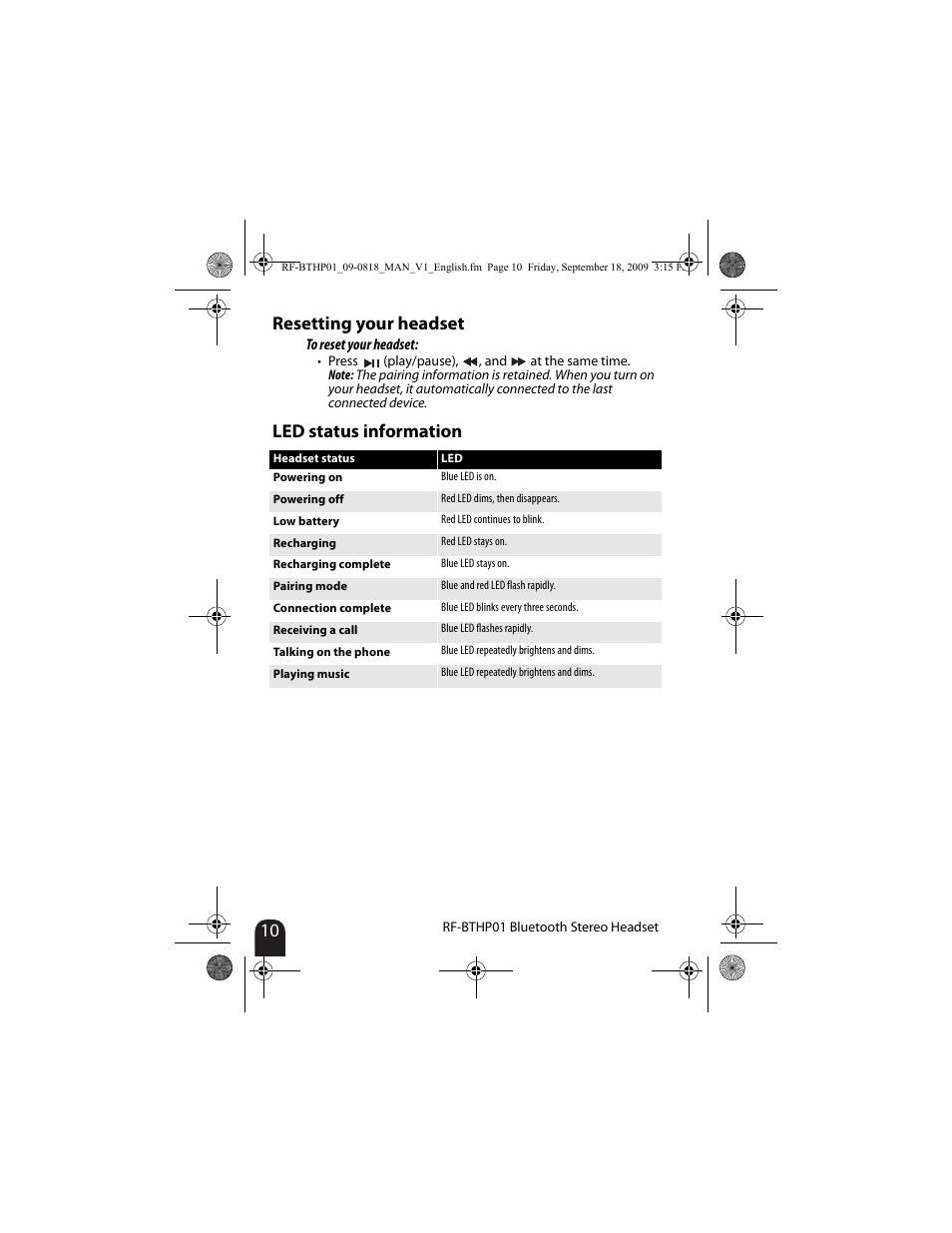 Resetting your headset, Led status information, Resetting your headset led status information | RocketFish RF-BTHP01 User Manual | Page 10 / 18