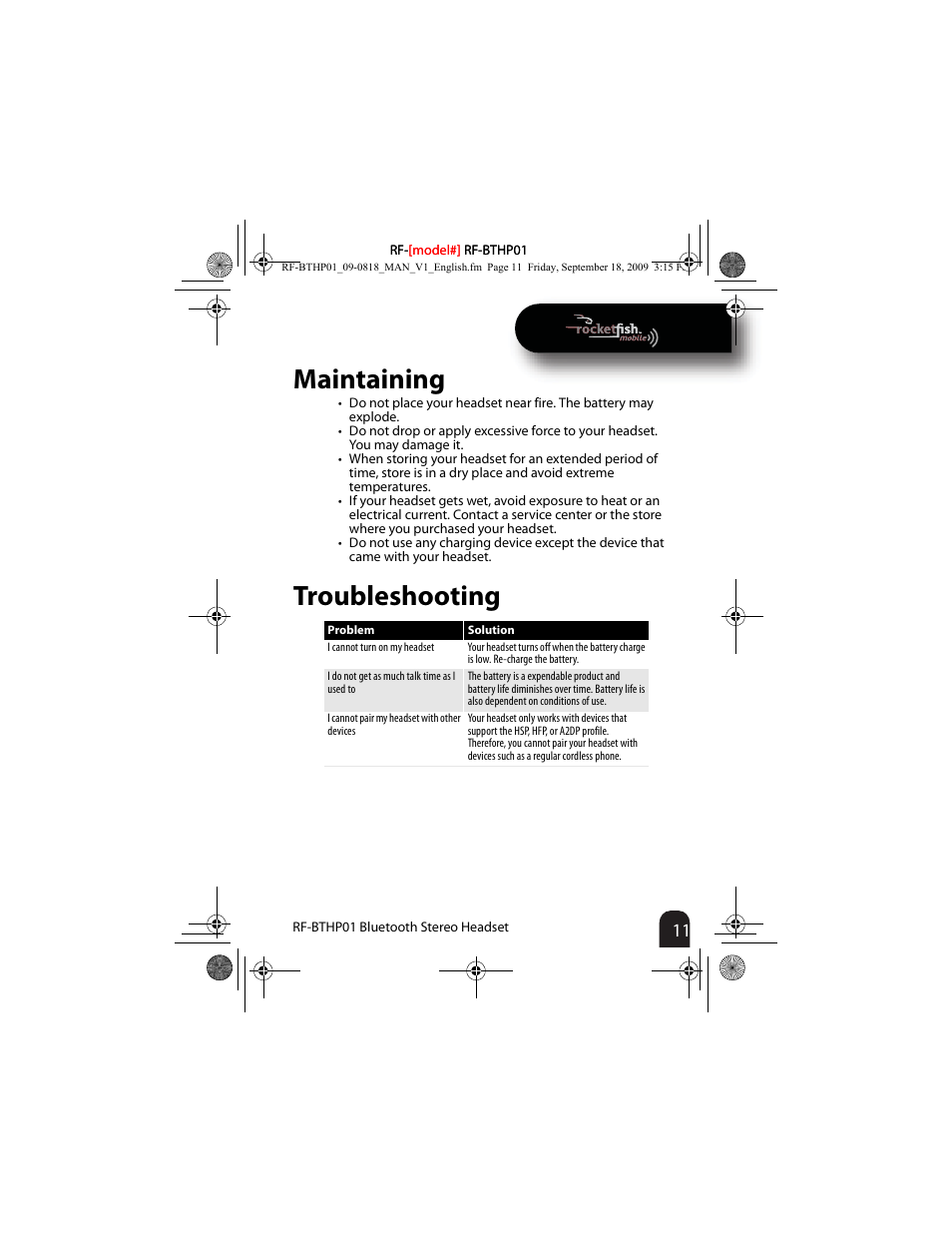 Maintaining, Troubleshooting | RocketFish RF-BTHP01 User Manual | Page 11 / 18