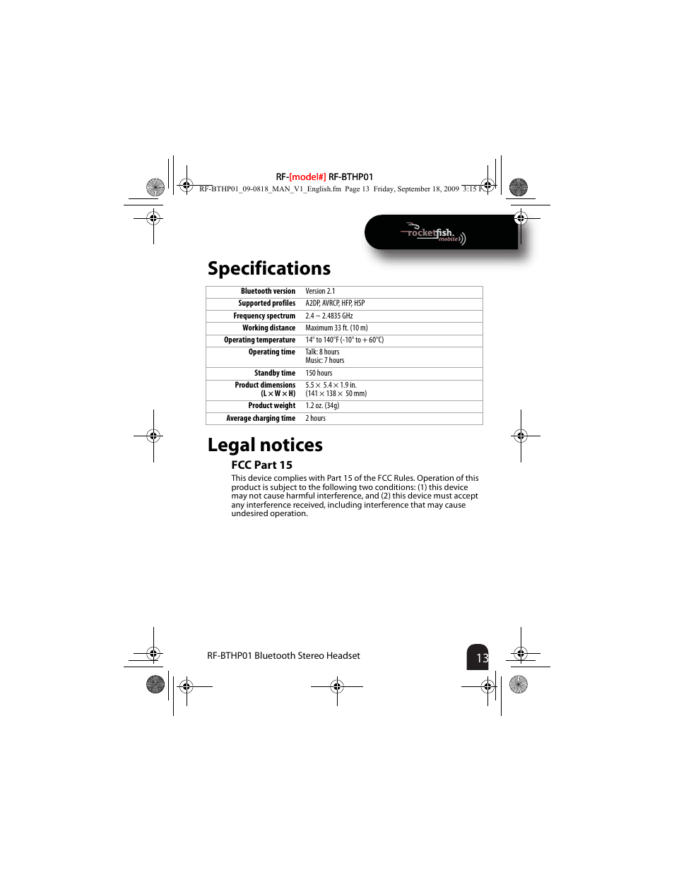 Specifications, Legal notices, Fcc part 15 | Specifications legal notices | RocketFish RF-BTHP01 User Manual | Page 13 / 18