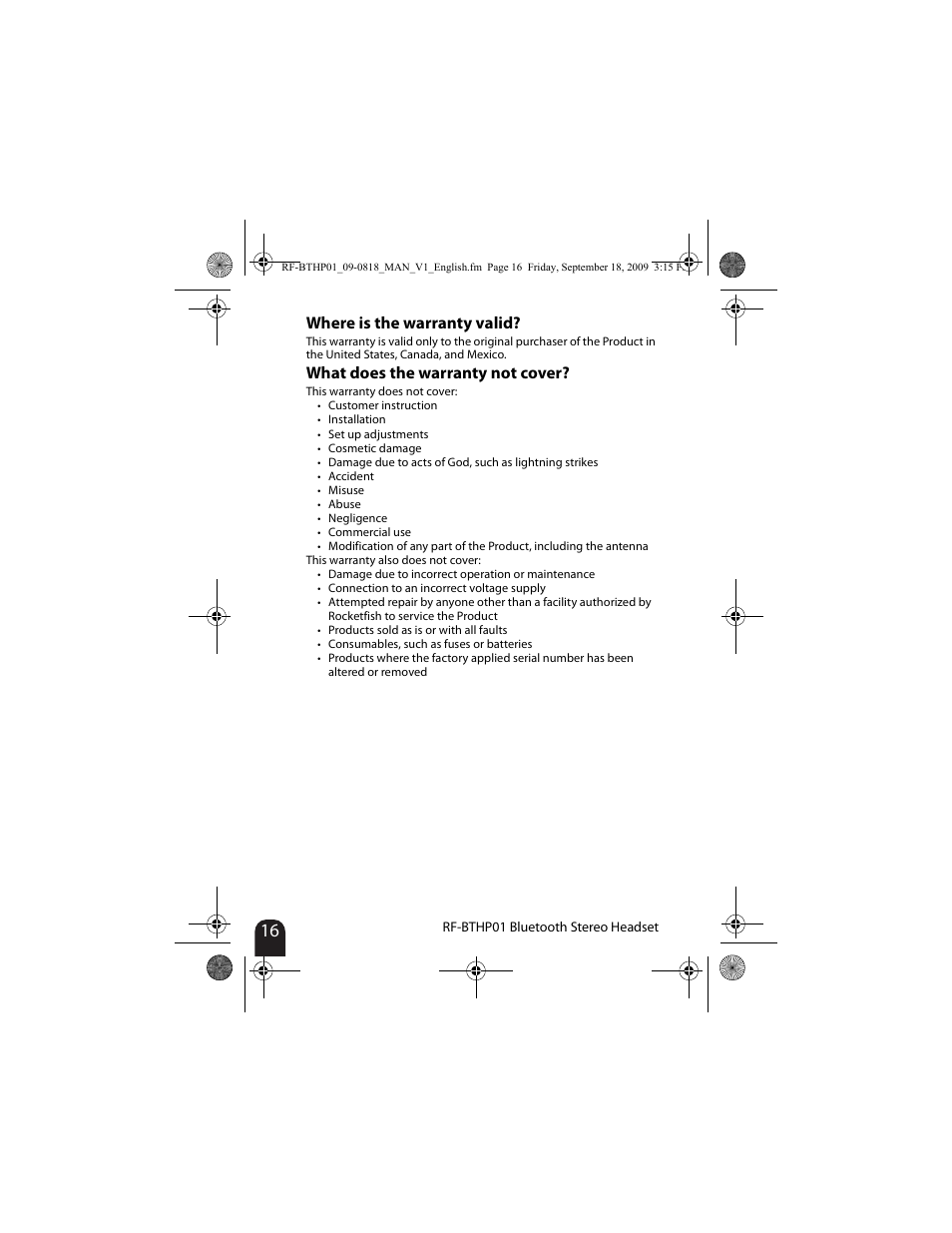 Where is the warranty valid, What does the warranty not cover | RocketFish RF-BTHP01 User Manual | Page 16 / 18