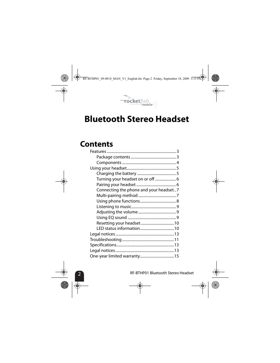 RocketFish RF-BTHP01 User Manual | Page 2 / 18