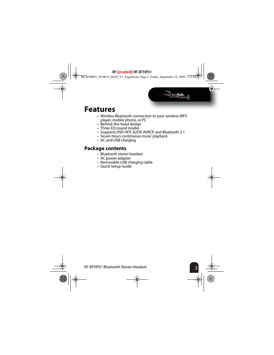 Features, Package contents | RocketFish RF-BTHP01 User Manual | Page 3 / 18