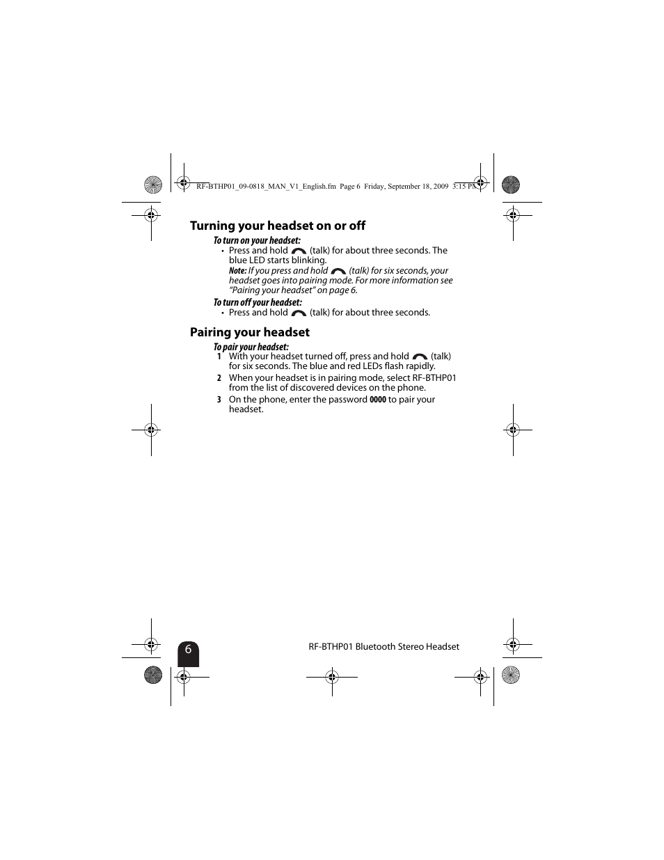 Turning your headset on or off, Pairing your headset | RocketFish RF-BTHP01 User Manual | Page 6 / 18