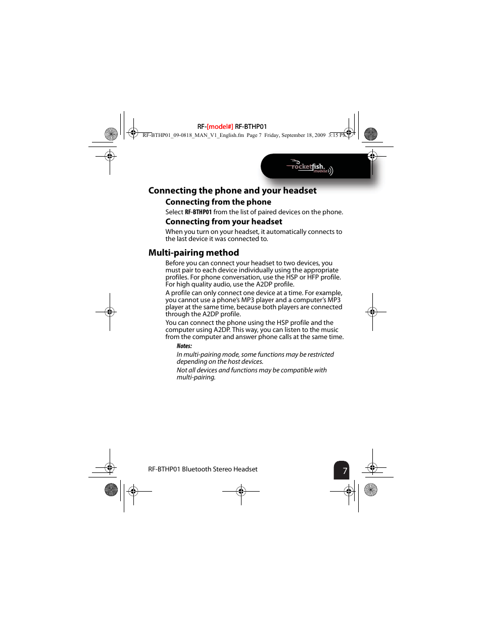 Connecting the phone and your headset, Connecting from the phone, Connecting from your headset | Multi-pairing method | RocketFish RF-BTHP01 User Manual | Page 7 / 18