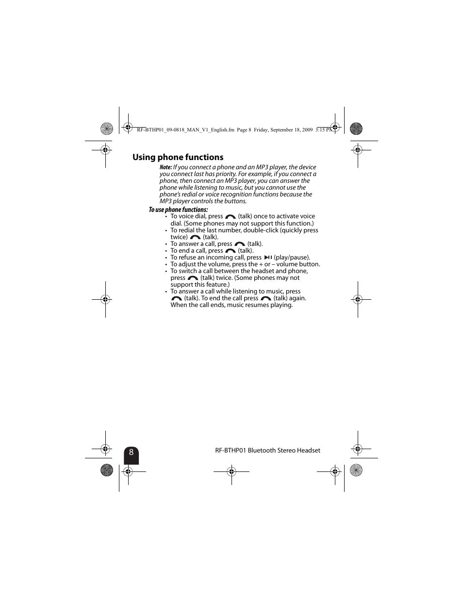 Using phone functions | RocketFish RF-BTHP01 User Manual | Page 8 / 18