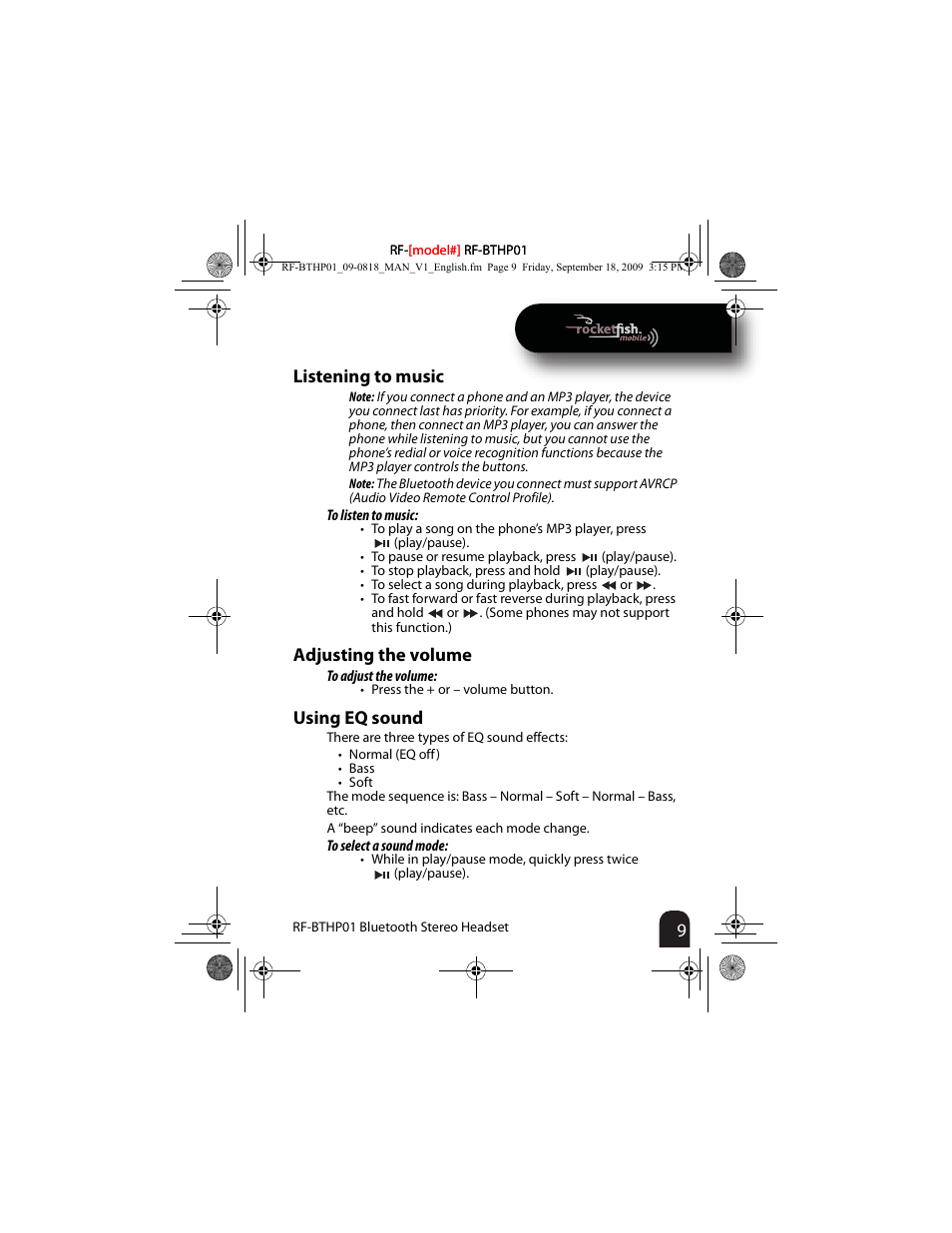 Listening to music, Adjusting the volume, Using eq sound | RocketFish RF-BTHP01 User Manual | Page 9 / 18