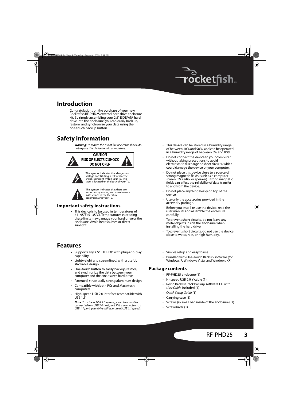 Safety information, Important safety instructions, Features | Package contents, 3rf-phd25 introduction | RocketFish RF-PHD25 User Manual | Page 3 / 12