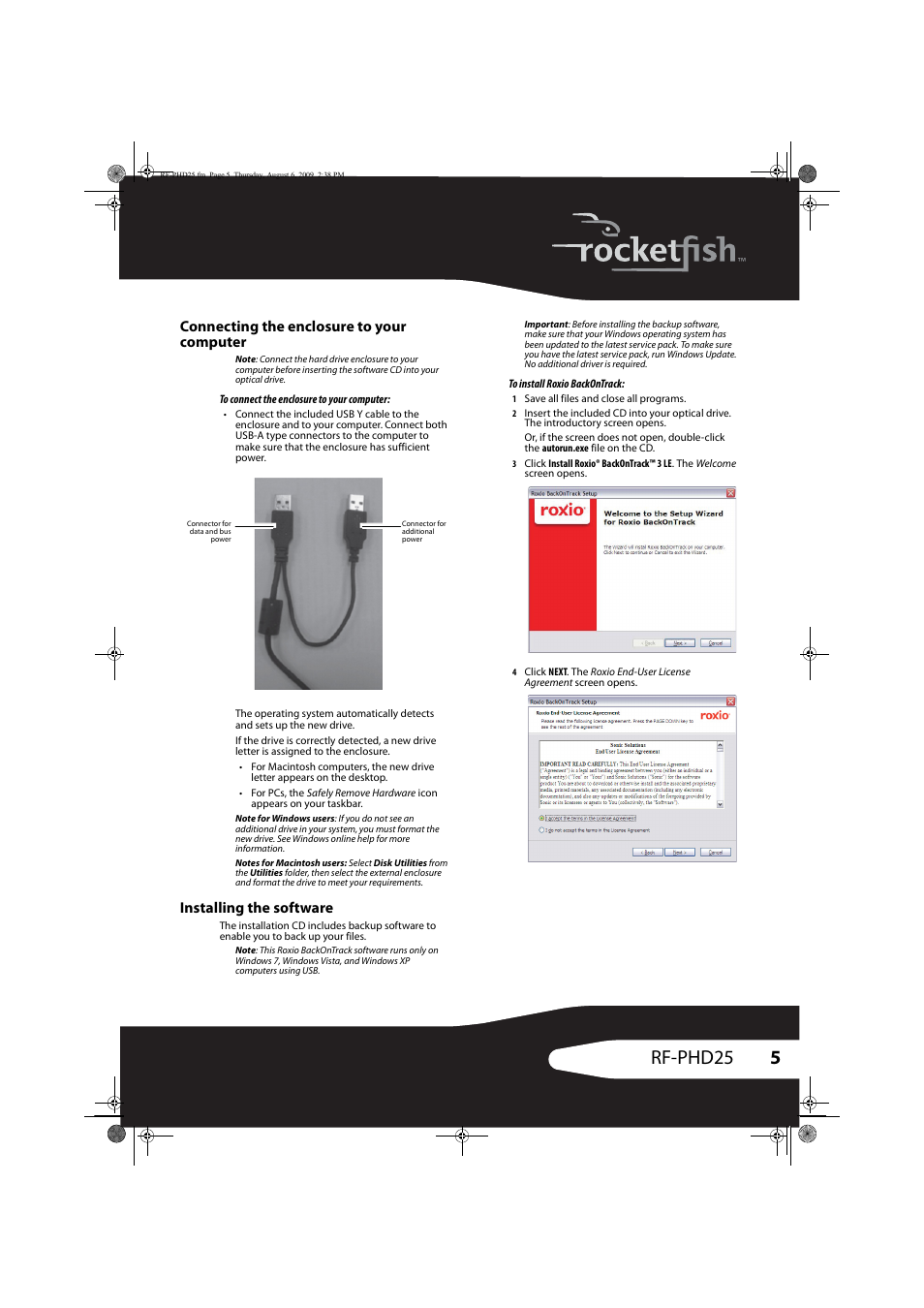 5rf-phd25, Connecting the enclosure to your computer, Installing the software | RocketFish RF-PHD25 User Manual | Page 5 / 12