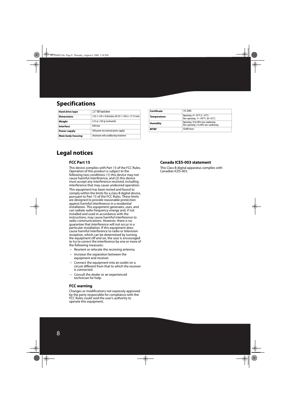 8specifications legal notices | RocketFish RF-PHD25 User Manual | Page 8 / 12