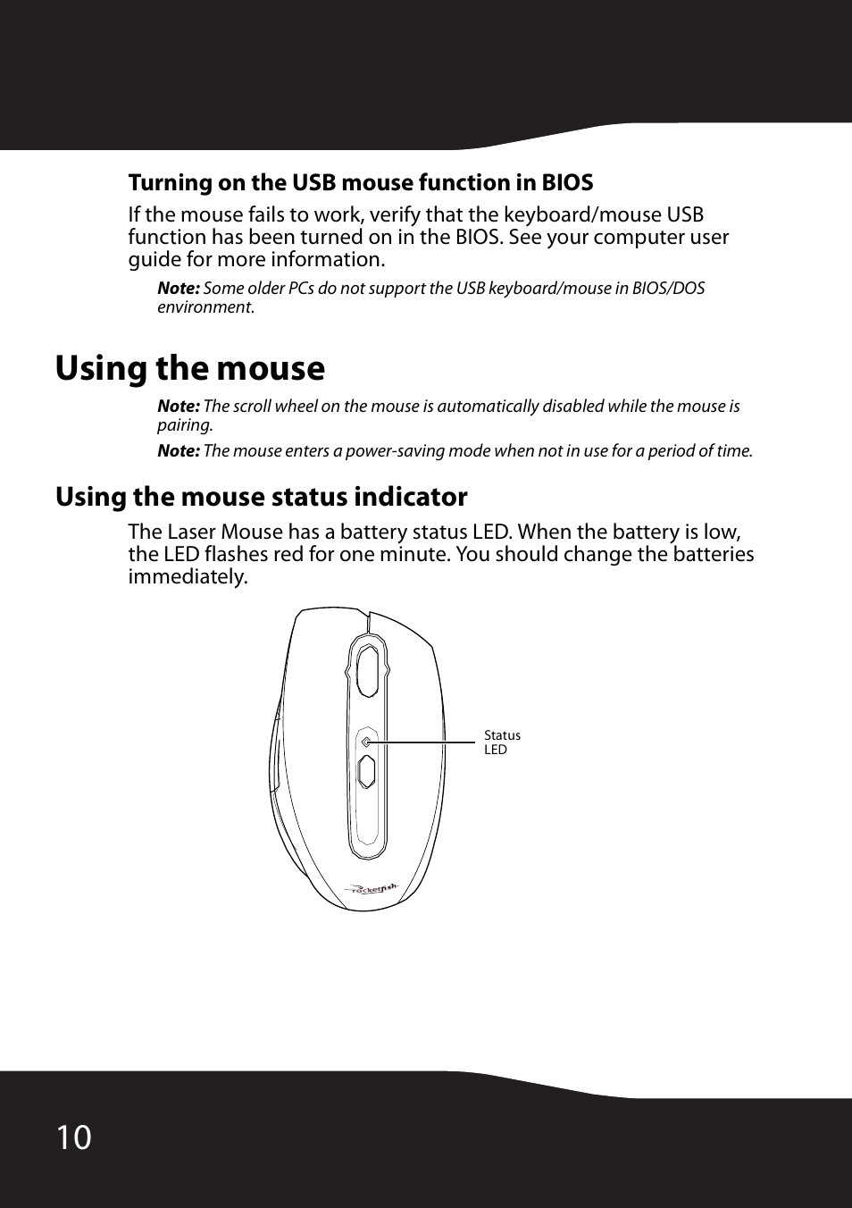 Turning on the usb mouse function in bios, Using the mouse, Using the mouse status indicator | RocketFish RF-MSE12 User Manual | Page 10 / 32