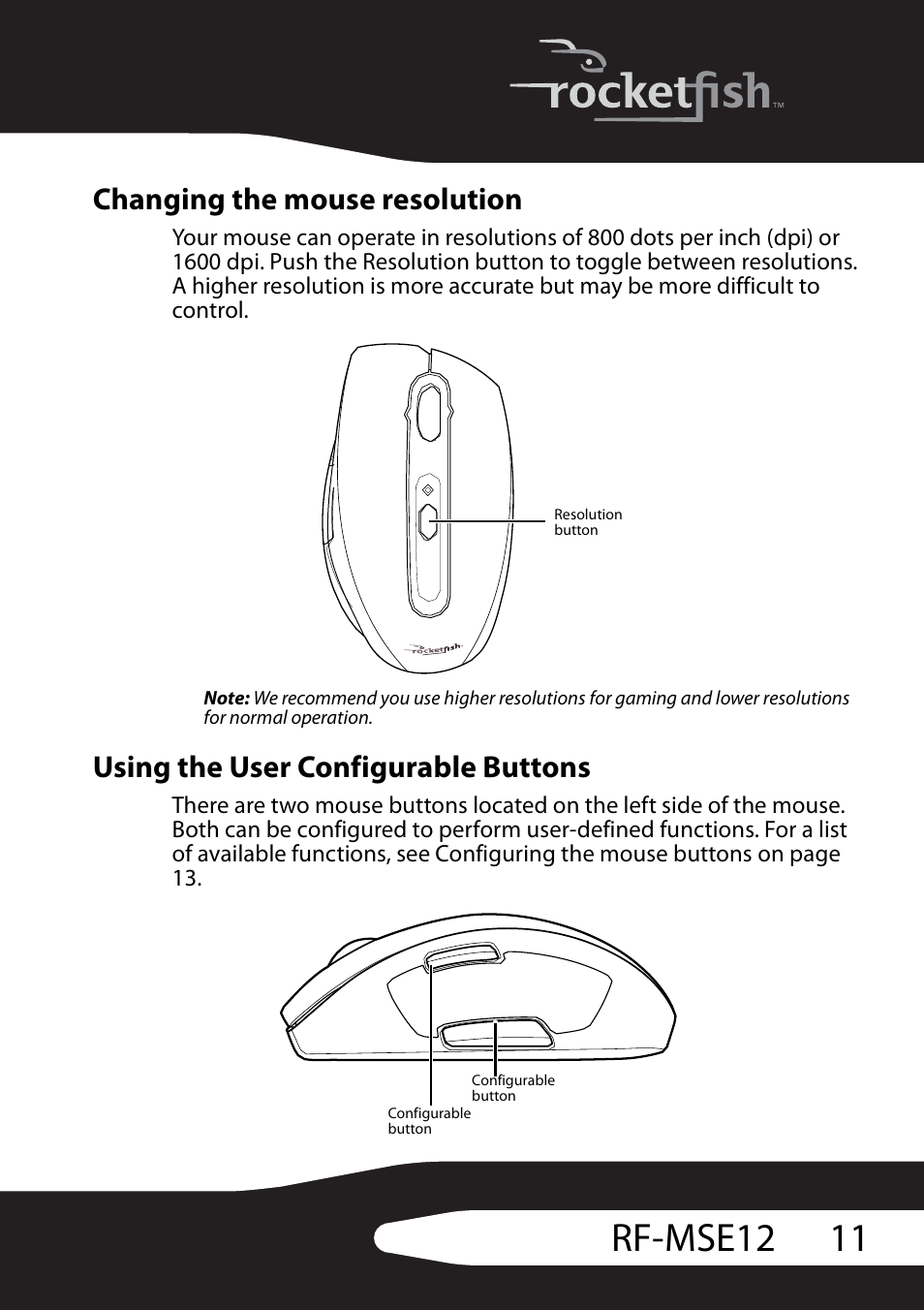 Changing the mouse resolution, Using the user configurable buttons, 11 rf-mse12 | RocketFish RF-MSE12 User Manual | Page 11 / 32