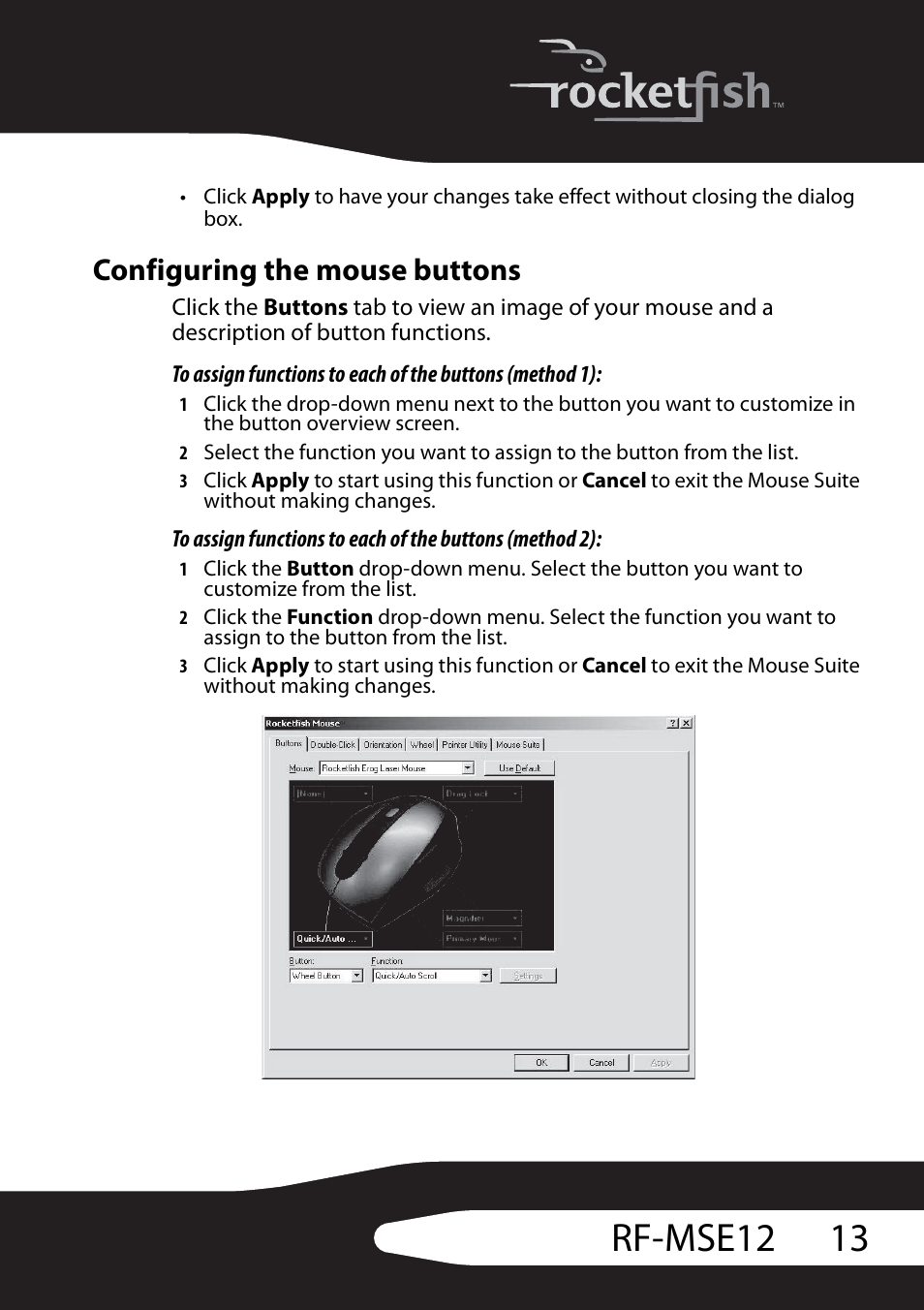 Configuring the mouse buttons, 13 rf-mse12 | RocketFish RF-MSE12 User Manual | Page 13 / 32