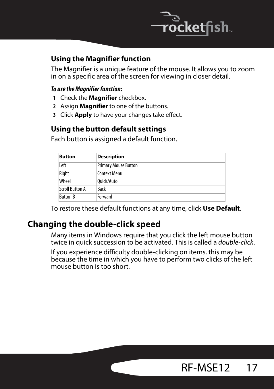 Using the magnifier function, Using the button default settings, Changing the double-click speed | Ee using the magnifier function, 17 rf-mse12 | RocketFish RF-MSE12 User Manual | Page 17 / 32