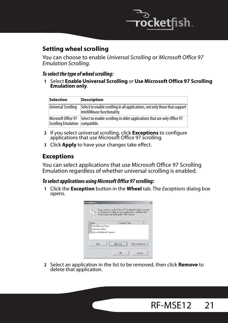 Setting wheel scrolling, Exceptions, 21 rf-mse12 | RocketFish RF-MSE12 User Manual | Page 21 / 32